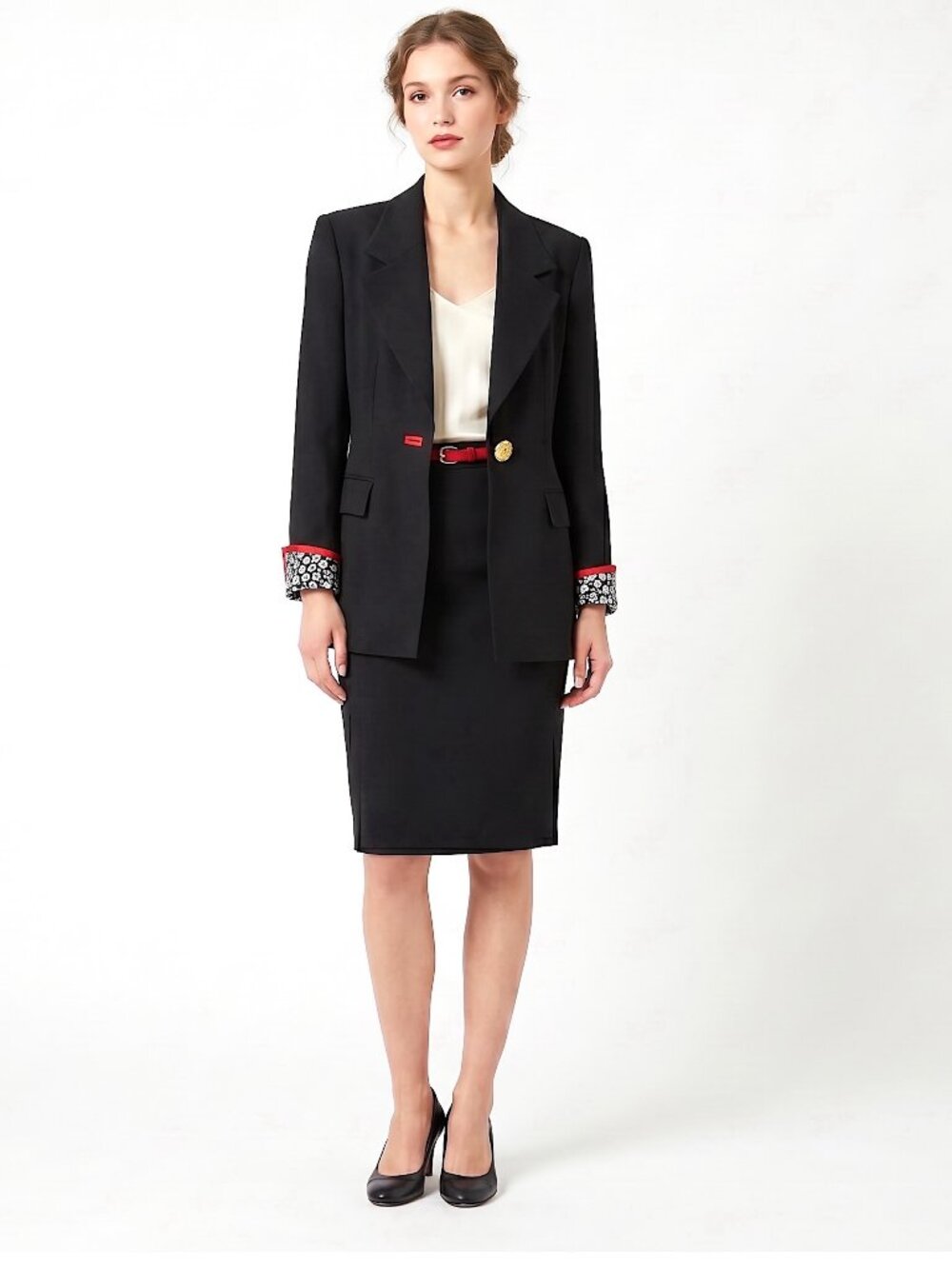 Rickie Freeman Teri Jon Vintage 90s Black Blazer Red Trim Gold Button | M